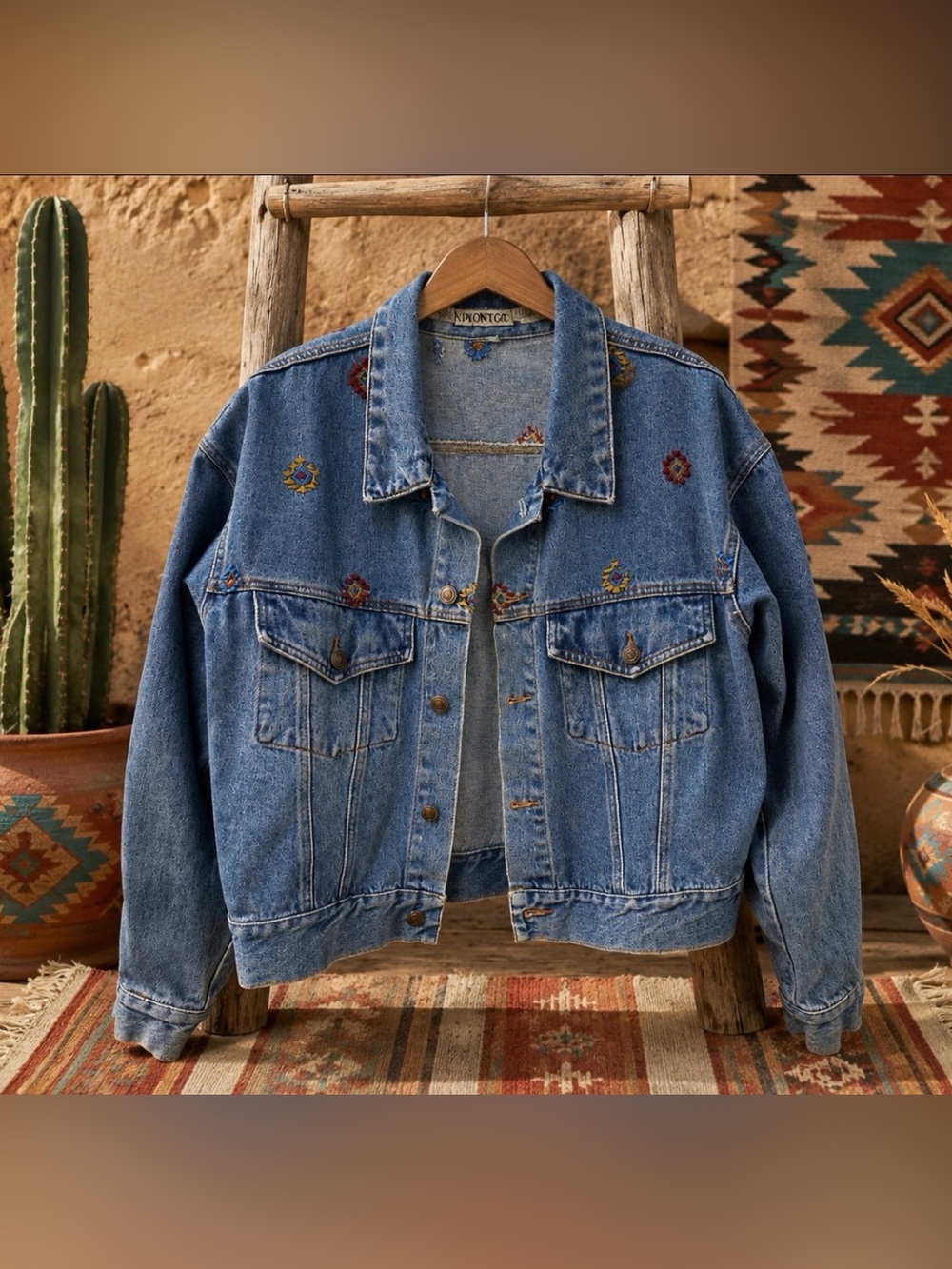 Vintage Embroidered Cropped Blue Denim Jacket 90’s boho southwestern large